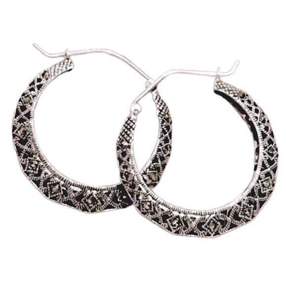Vintage Sterling Silver Marcasite Cut Out Hinge Back Classic Hoops Earrings - Picture 7 of 11